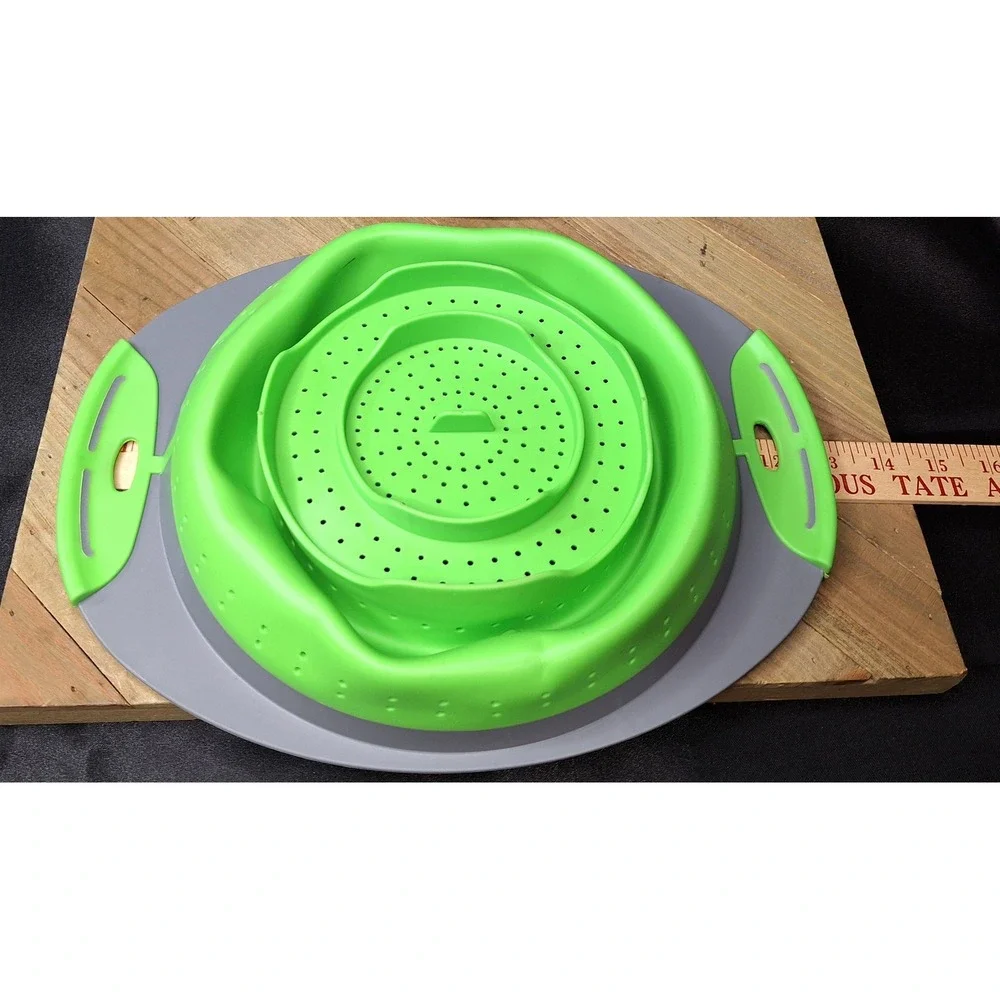 Collapsible Silicone Colander  Piece Green Grey Round Folding Strainers 3.5 qt.